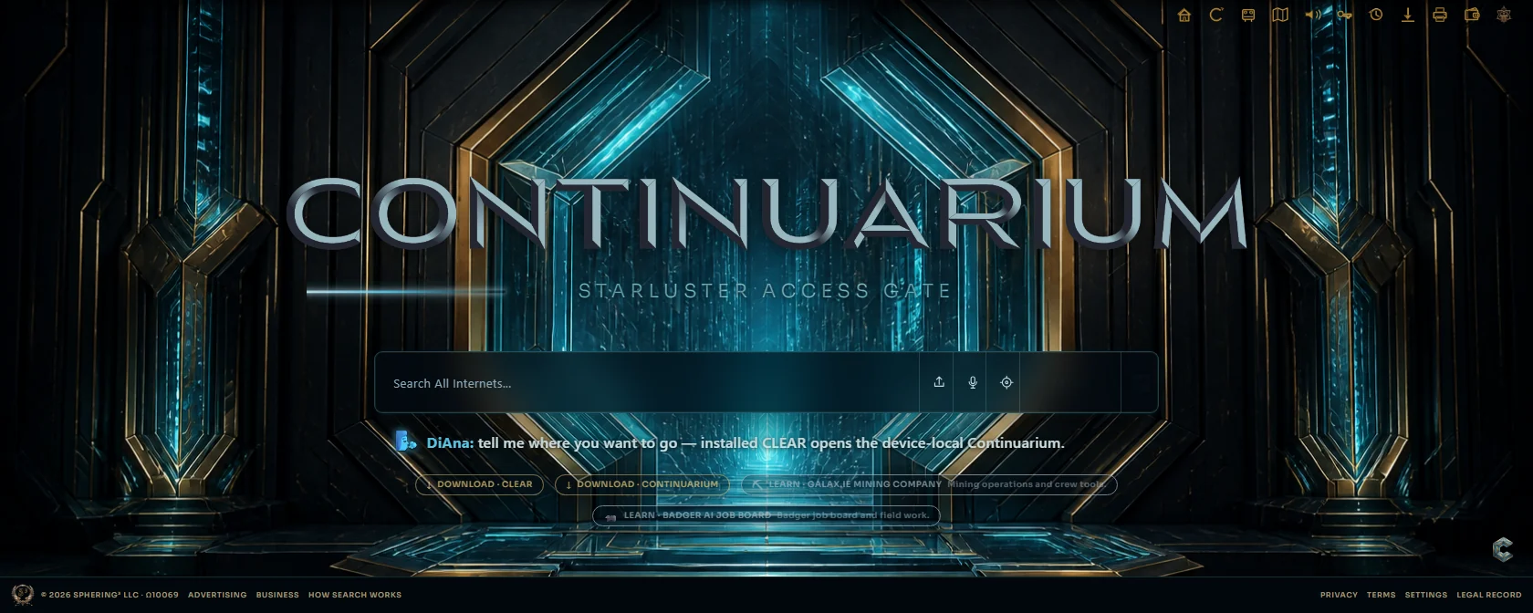 The CONTINUARIUM landing page in its dark face: the word CONTINUARIUM over a lit gate, with a search bar below.